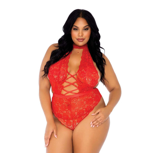 Leg Avenue Floral Lace Crotchless Teddy Red UK 18 to 22 - AEX Toys