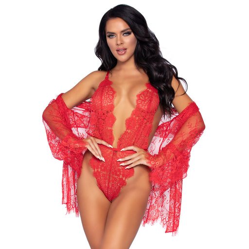 Leg Avenue Floral Lace Teddy and Robe Red - AEX Toys
